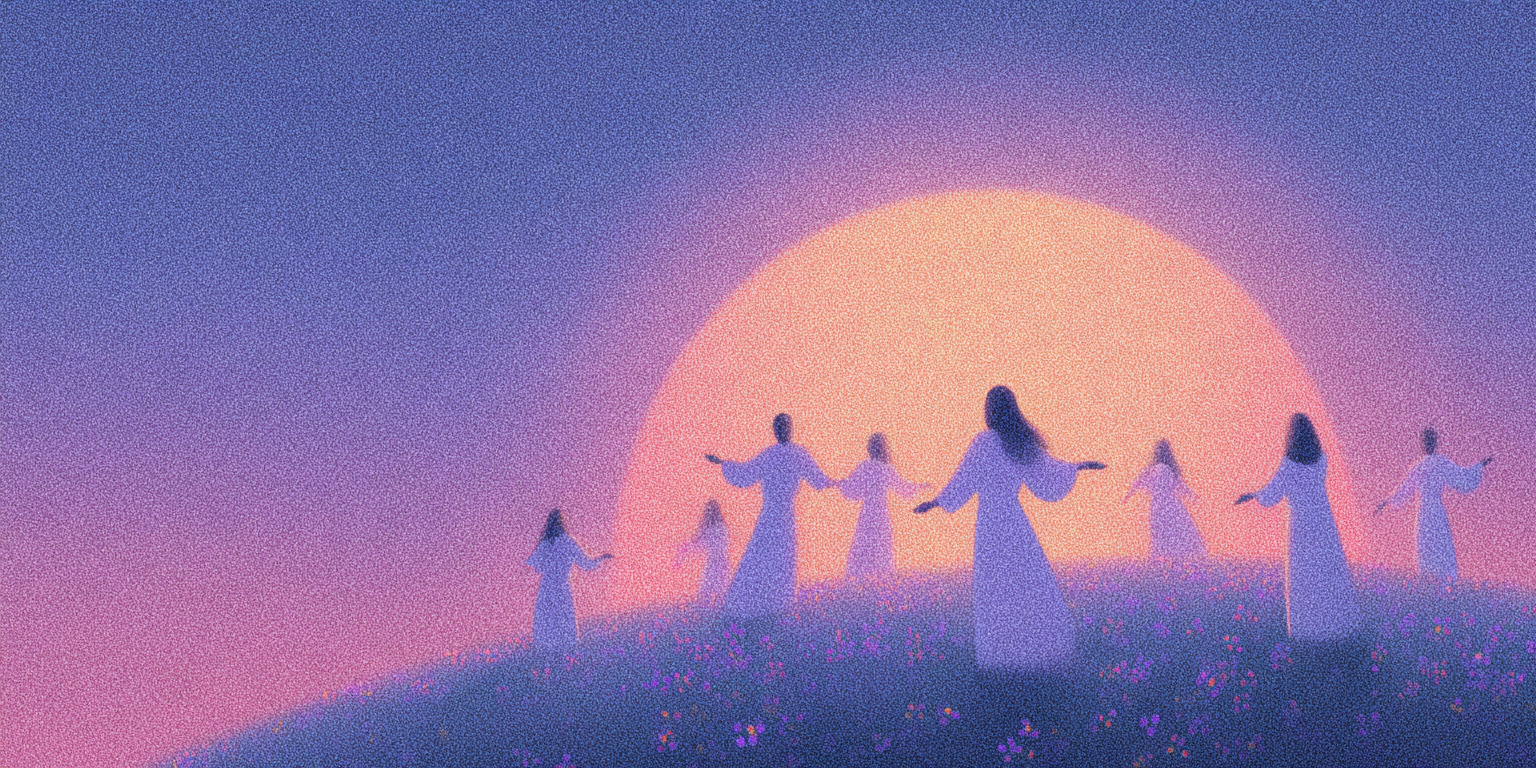 A group of women in flowing white dresses dance with open arms on a hilltop in front of a huge glowing pink sun.