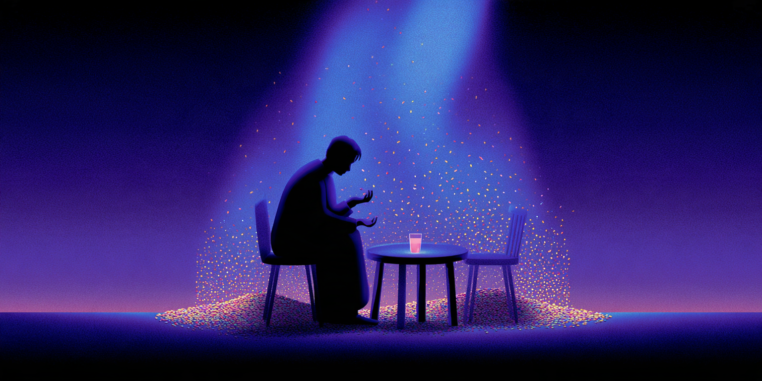 A man sits alone at a small round table with a glass in front of him at night, under a beam of soft violet light and drifting glowing particles.