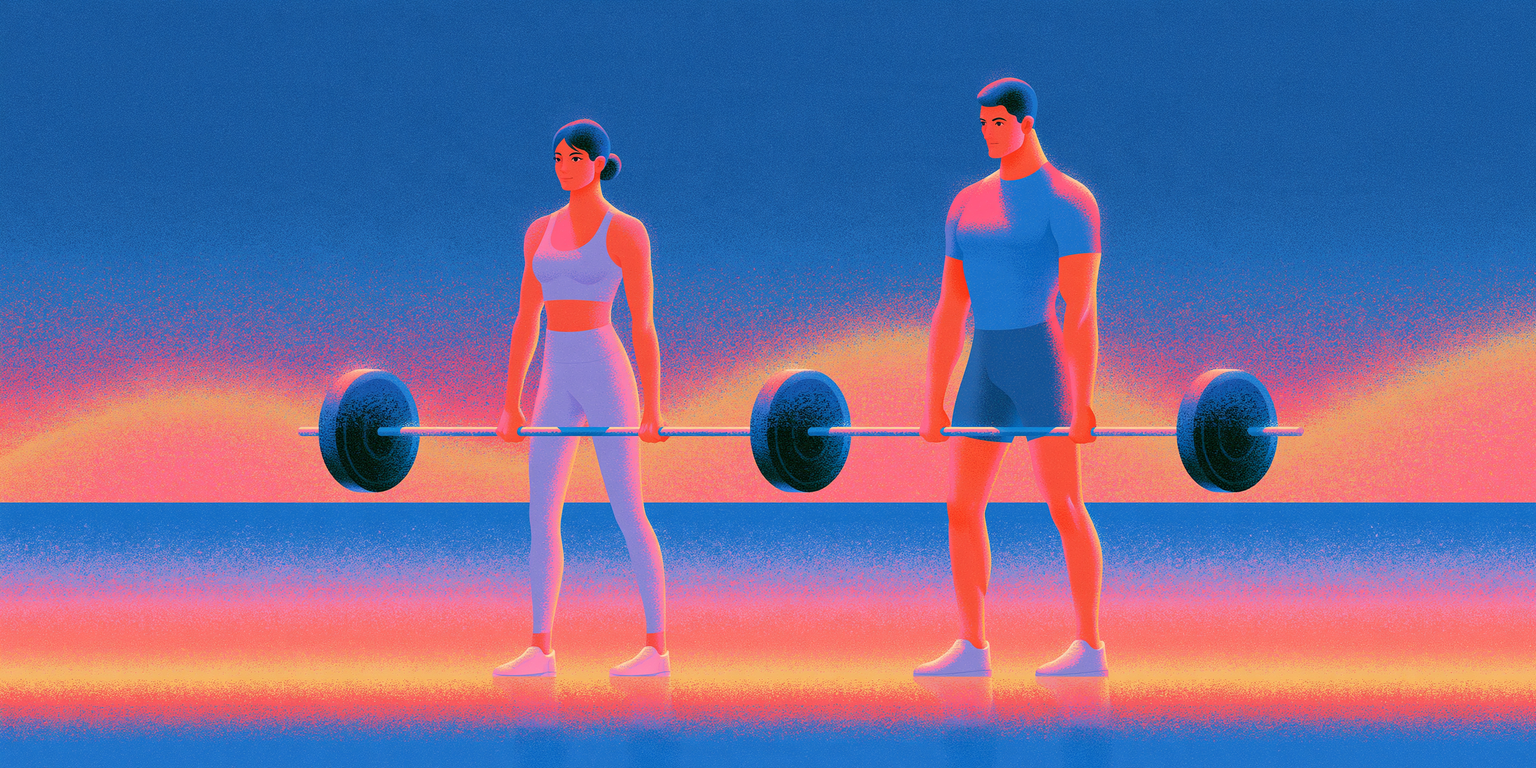 A woman and a man stand by barbells at the edge of calm, glowing water at sunset.