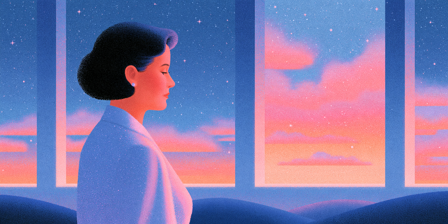 Illustration of a woman sitting quietly by tall windows at dawn, pink clouds and stars outside.