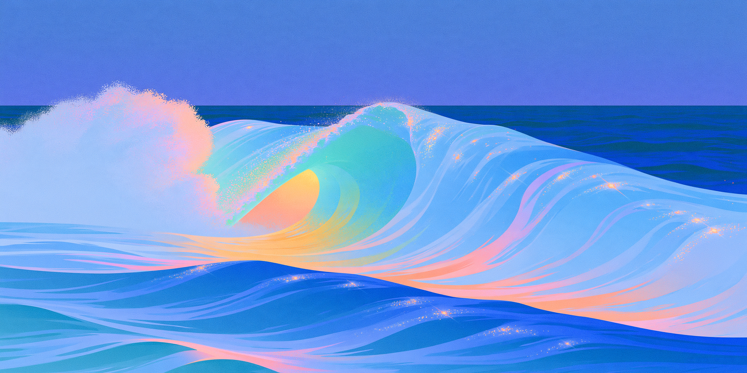 A large glowing wave curls over a calm turquoise sea, its foam lit in pastel blues, yellows and pinks.