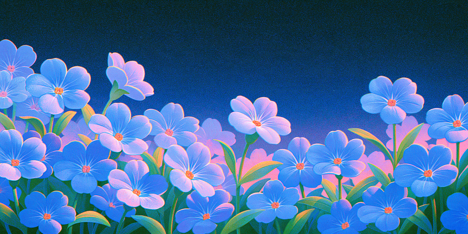 A dense border of small glowing blue flowers and leaves frames a soft, light background.