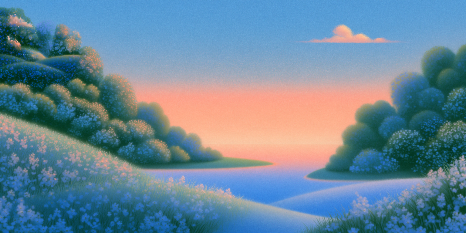 Lush flowering bushes line a calm bay at sunset, with soft pink light reflecting on the water.