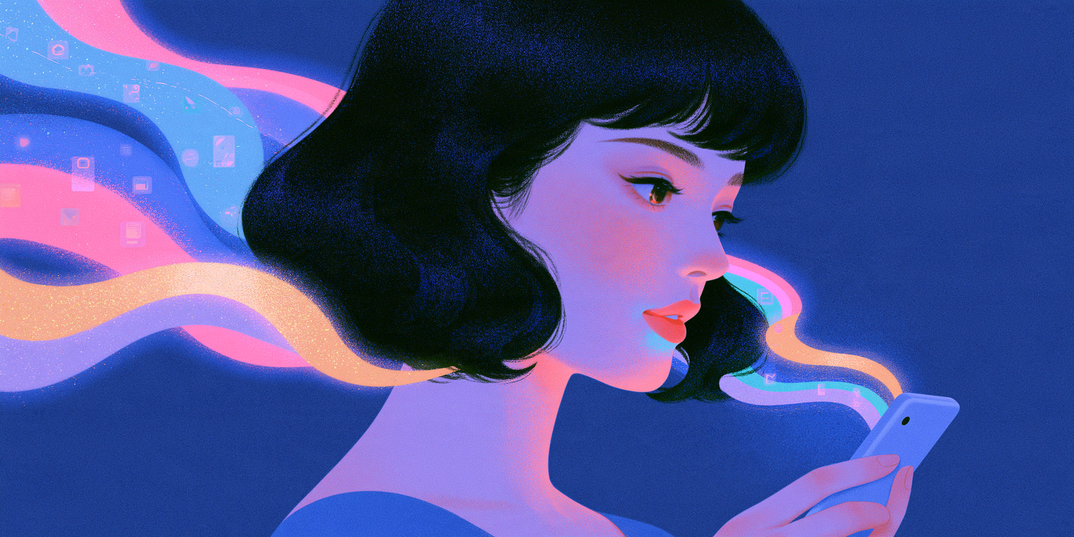 Illustration of tall vertical streams of teal and blue light falling through a night sky onto dark rounded hills, with a small figure standing in a warm pink glow.