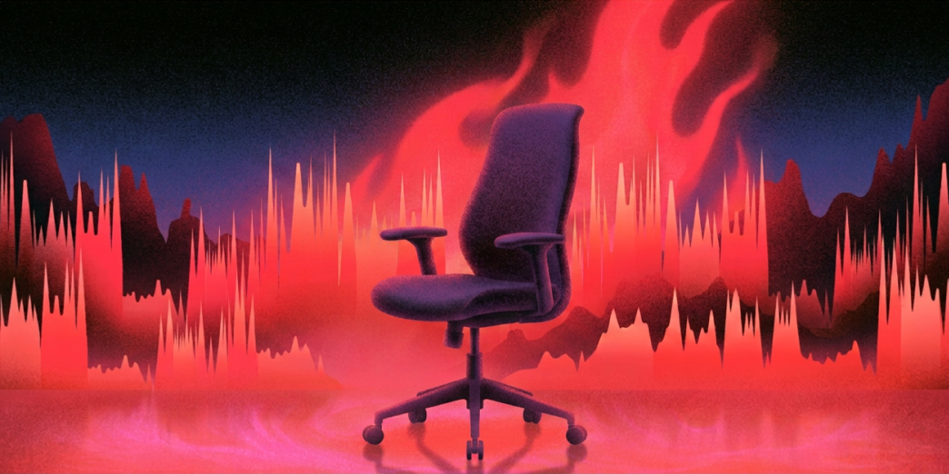 Stationary stress: an office chair amid a red HRV waveform