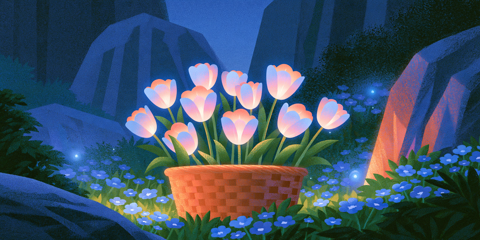 Illustration of a woven basket of glowing white tulips among blue wildflowers at night.