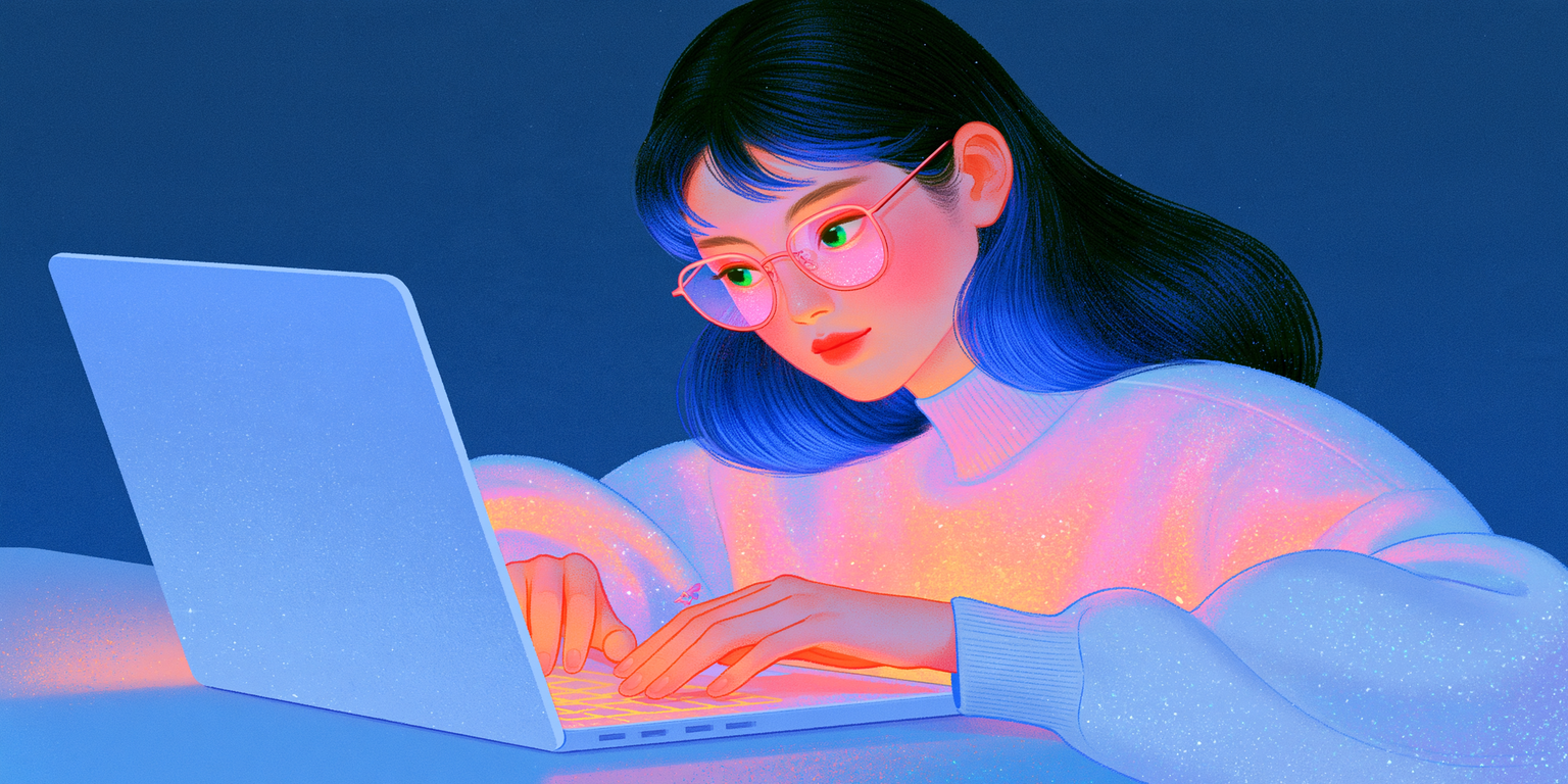 A young woman in glasses works on a glowing laptop against a deep blue background.