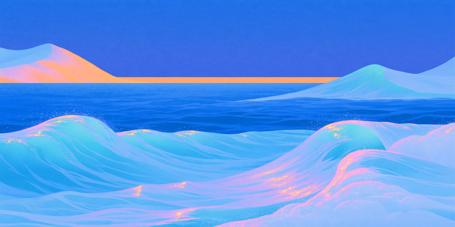 Glowing turquoise and pink waves roll across a calm blue sea towards soft hills and a thin orange line of light on the horizon.