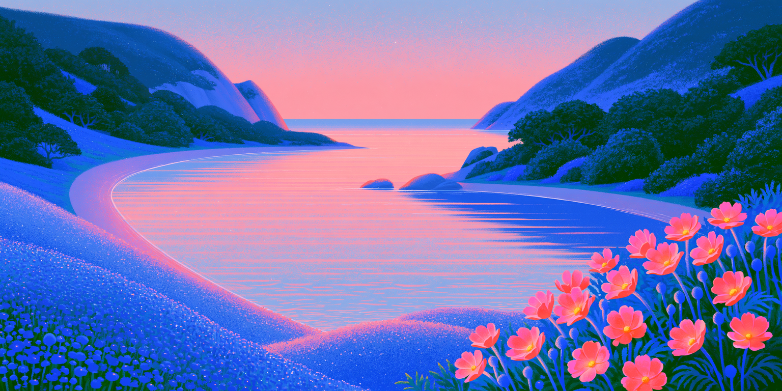 A winding coastline at sunset with blooming pink flowers along a hillside path.