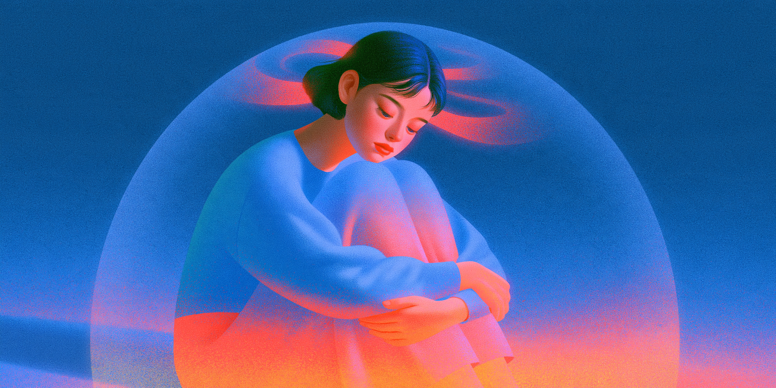 Illustration of a person resting on a softly glowing swing seat among blue clouds, eyes closed, in front of a warm coral sun.