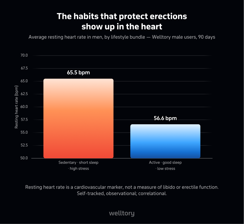Bar chart of average resting heart rate in men by lifestyle bundle: sedentary/short-sleep/high-stress about 65.5 bpm, active/good-sleep/low-stress about 56.6 bpm. The healthier bundle has a lower resting heart rate.