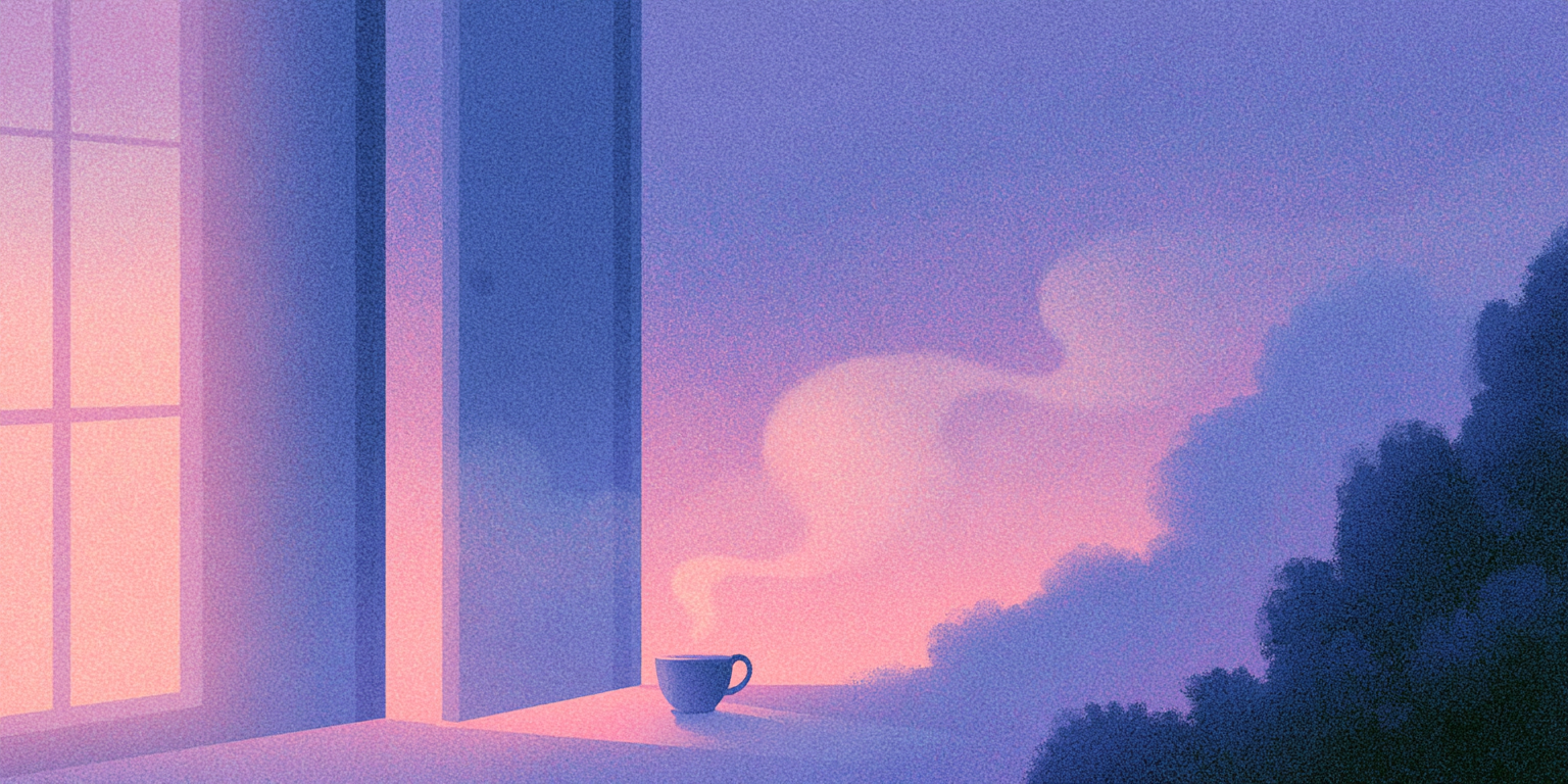 Illustration of a narrow gap of soft dawn light opening between two rows of glowing windows, with a steaming cup of tea and drifting mist, symbolizing a quiet recovery pause between back-to-back meetings.