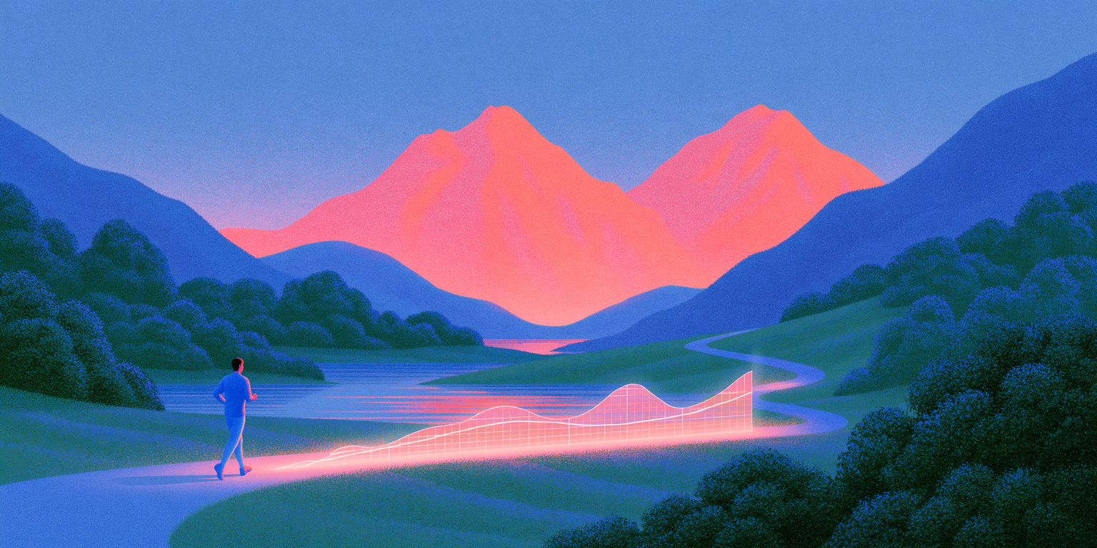 Illustration of a person walking a path by a river at dusk with a glowing line chart along the water.