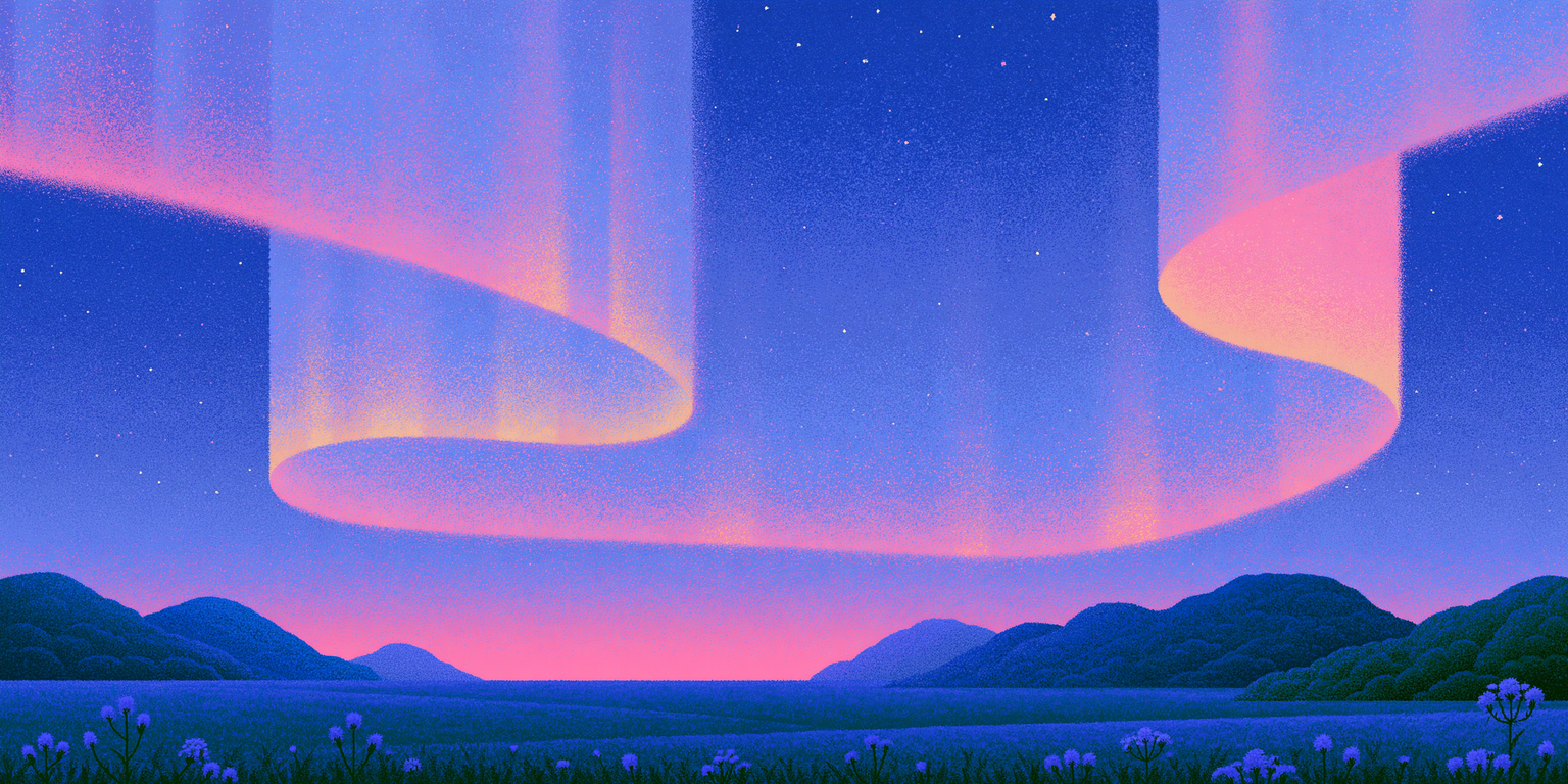 Ribbons of pink and violet aurora light curve across a starry night sky above dark rolling hills and a meadow.