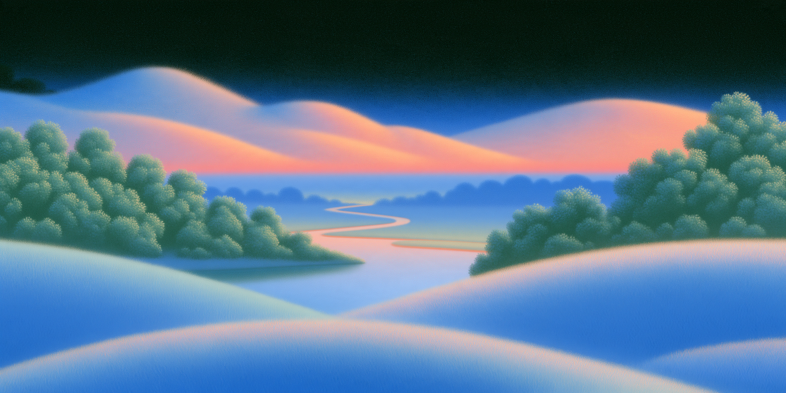 Illustration of a tranquil landscape of soft rolling hills and a winding river at dusk.