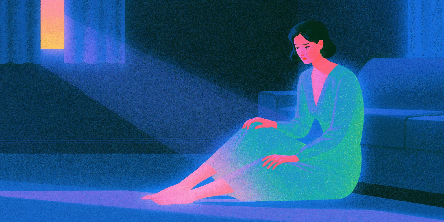 A woman in a dark hooded veil, eyes closed, holds a softly glowing orb against a deep blue background.