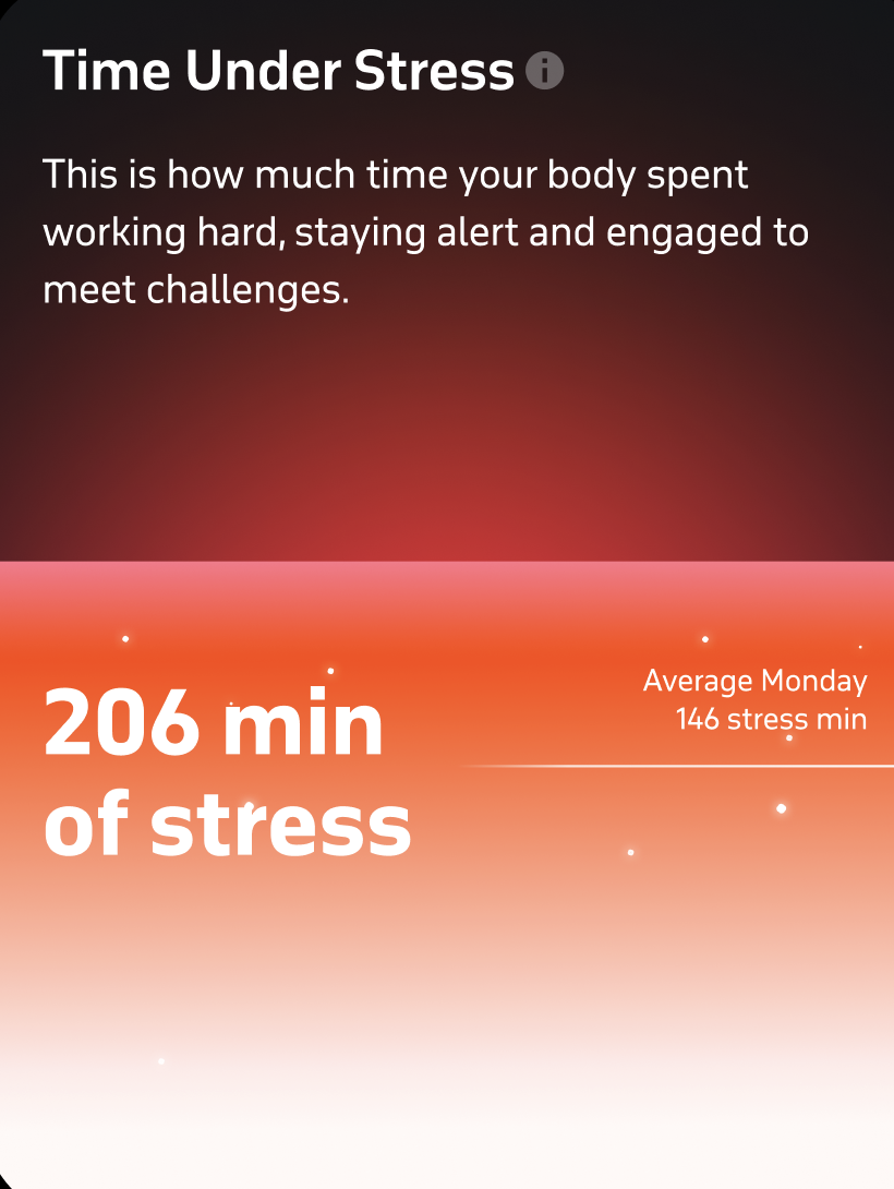 Welltory Time Under Stress: 206 stress minutes today vs a 146-minute average Monday
