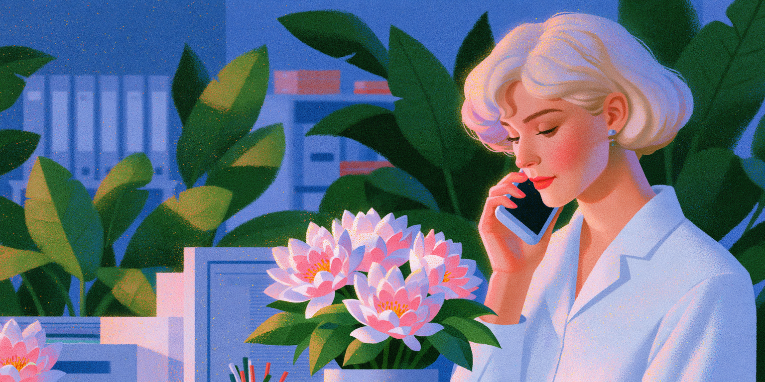 Illustration of a clinician in a white coat on the phone at a desk with plants and pink flowers.