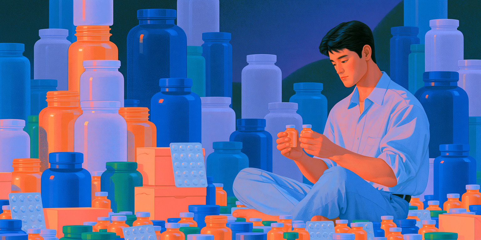 A man sits cross-legged among towering stacks of colourful supplement bottles and pill boxes, examining a small bottle in his hands.