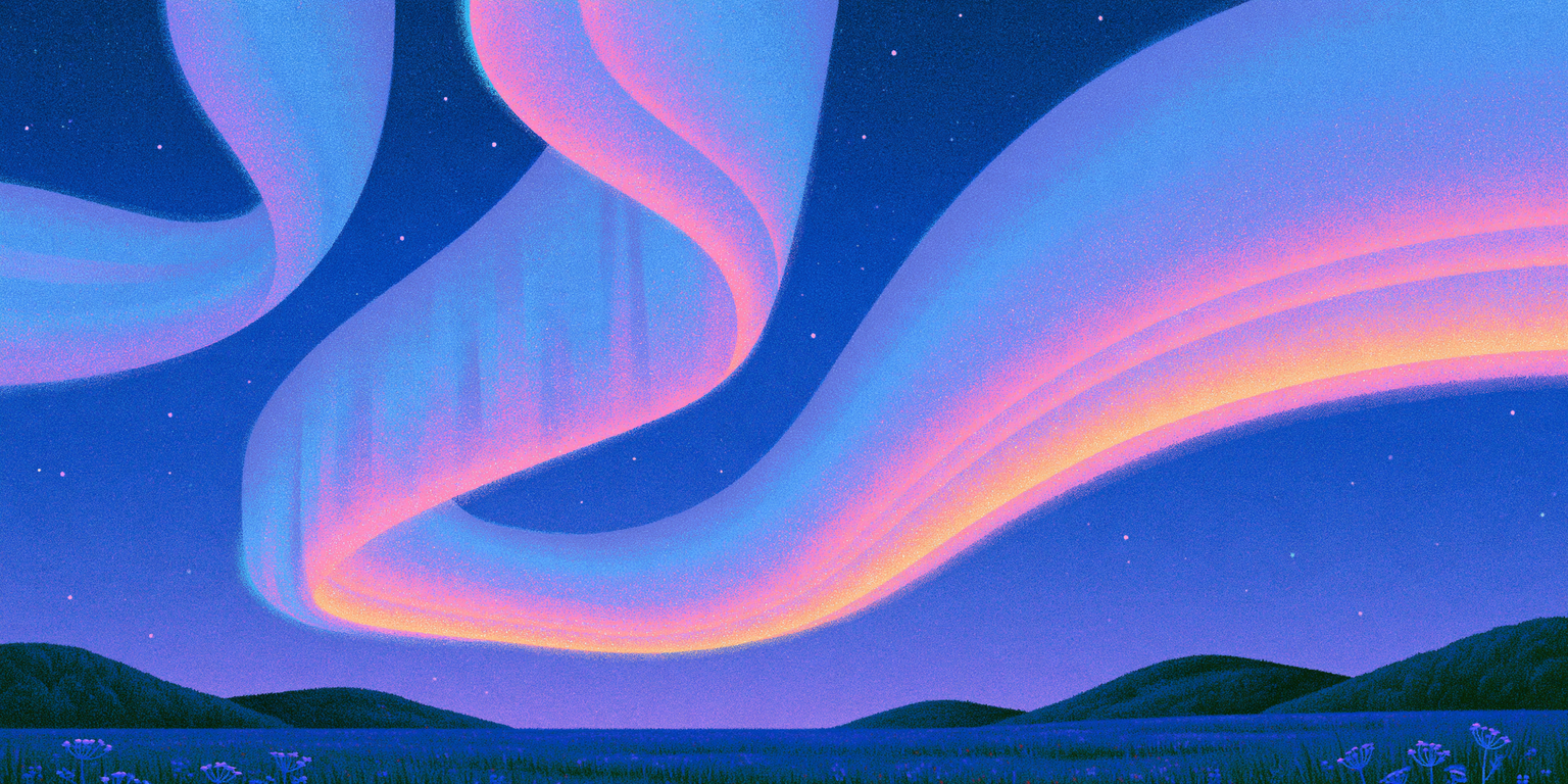 Bright ribbons of aurora swirl across a starry violet sky above dark rolling hills and fields.