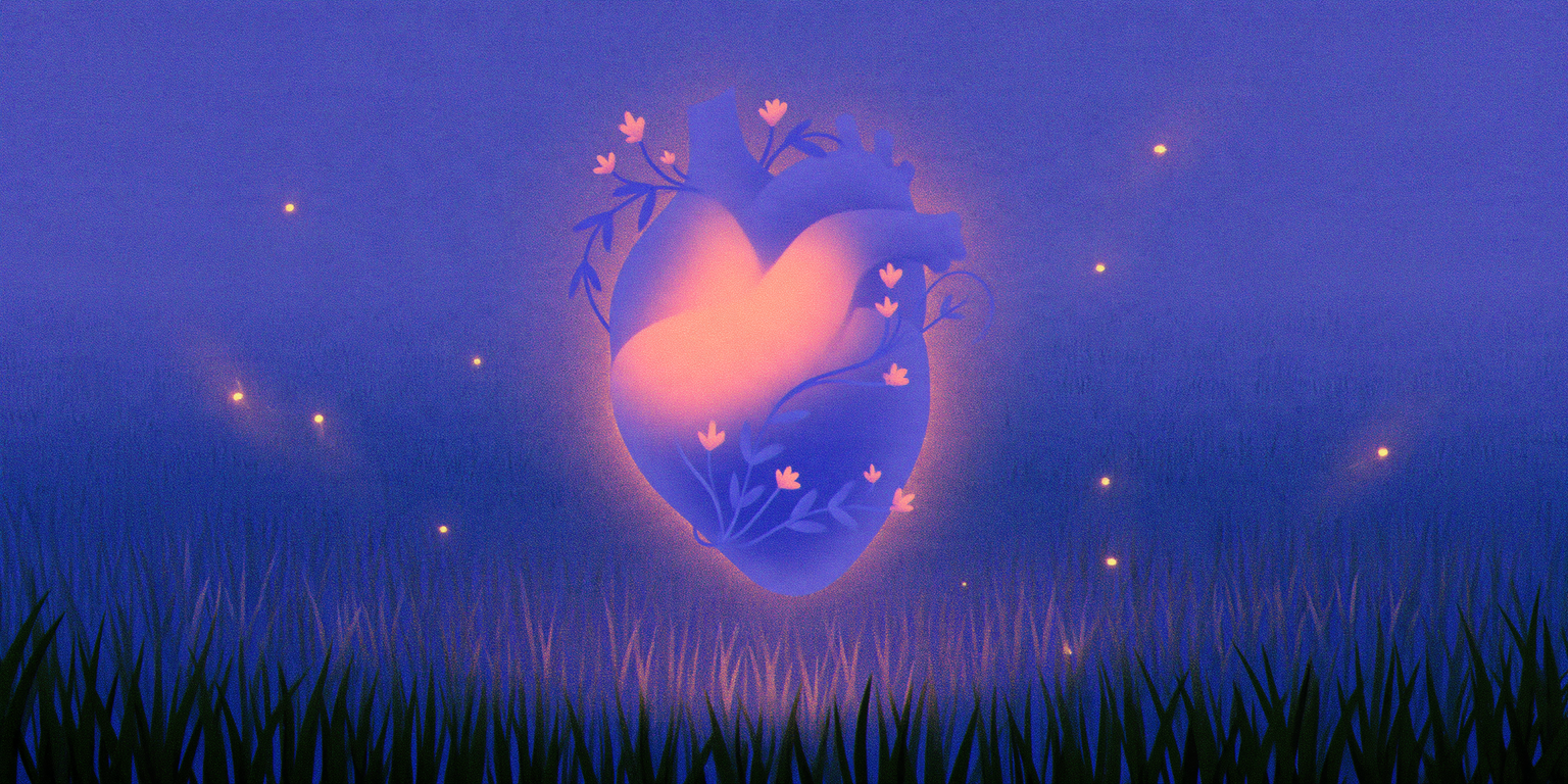 A softly glowing heart decorated with small flowers floats above dark grass under a deep violet night sky with drifting sparks of light.