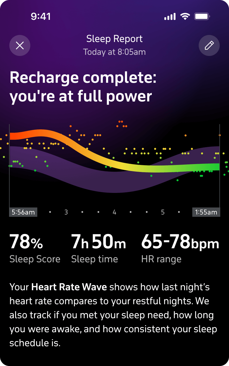 Welltory Sleep Analysis report with sleep score, sleep time and heart rate range