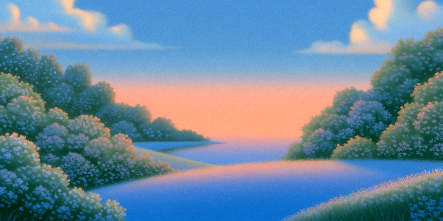 Illustration of flowering bushes along a calm river under a warm golden sunrise sky.
