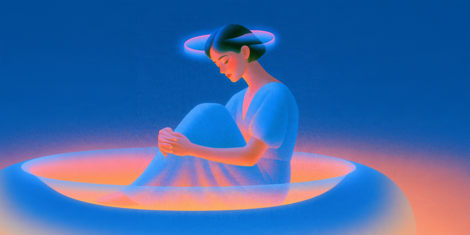 A woman with a faint halo sits curled up with her head bowed inside a softly glowing bowl of light against a deep blue background.