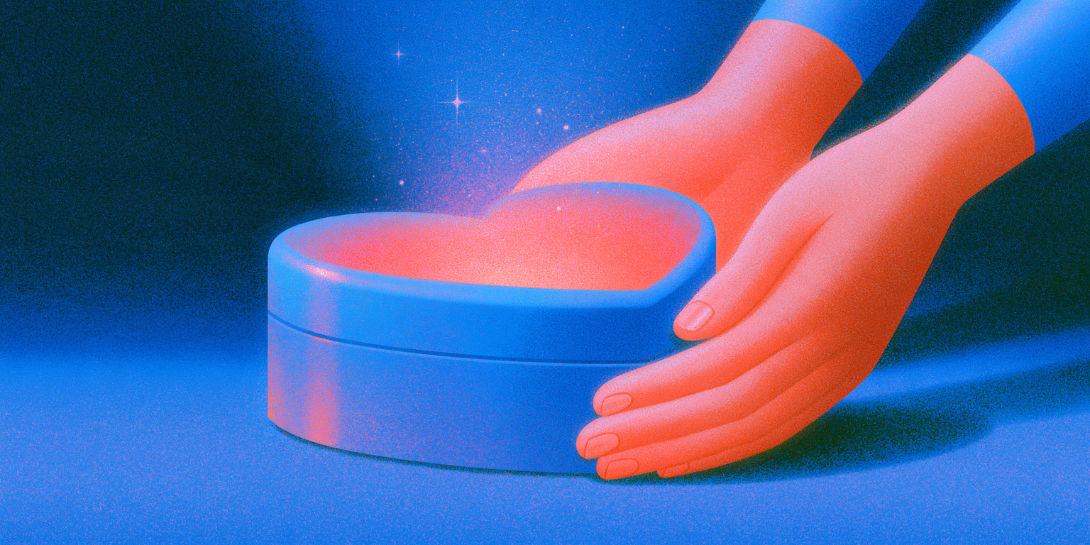 Two hands reach towards a softly glowing round box resting on a dark blue surface, with small stars in the background.