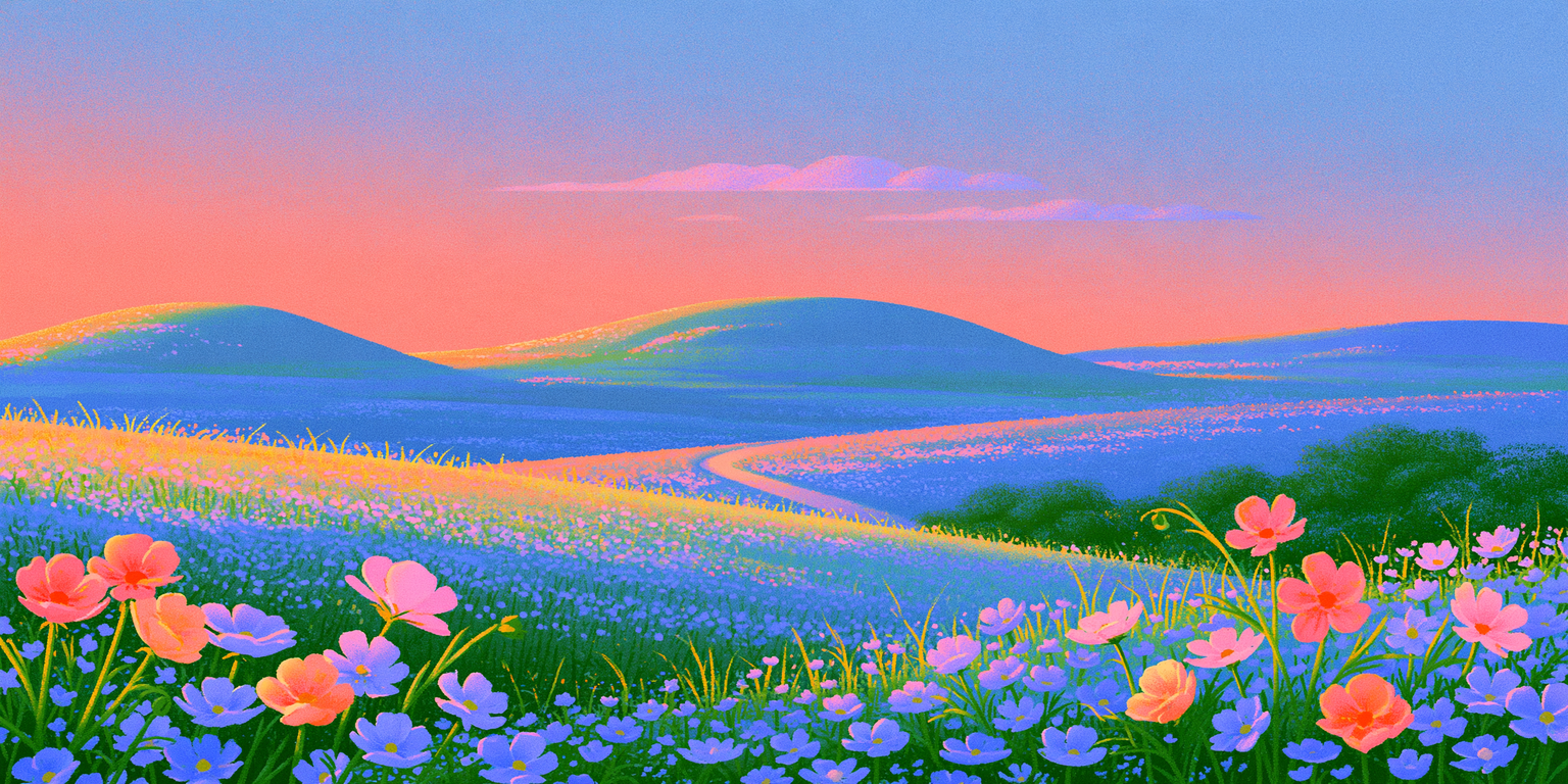A single large luminous blue flower with a glowing coral centre rising on a slender stem against a dusk sky over dark blue hills.