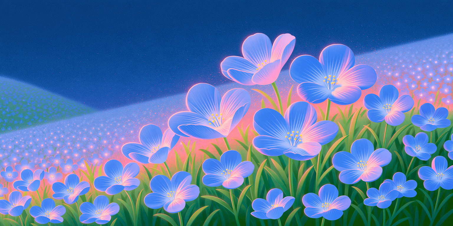 A single glowing cornflower rising from soft blue hills under a deep blue night sky.