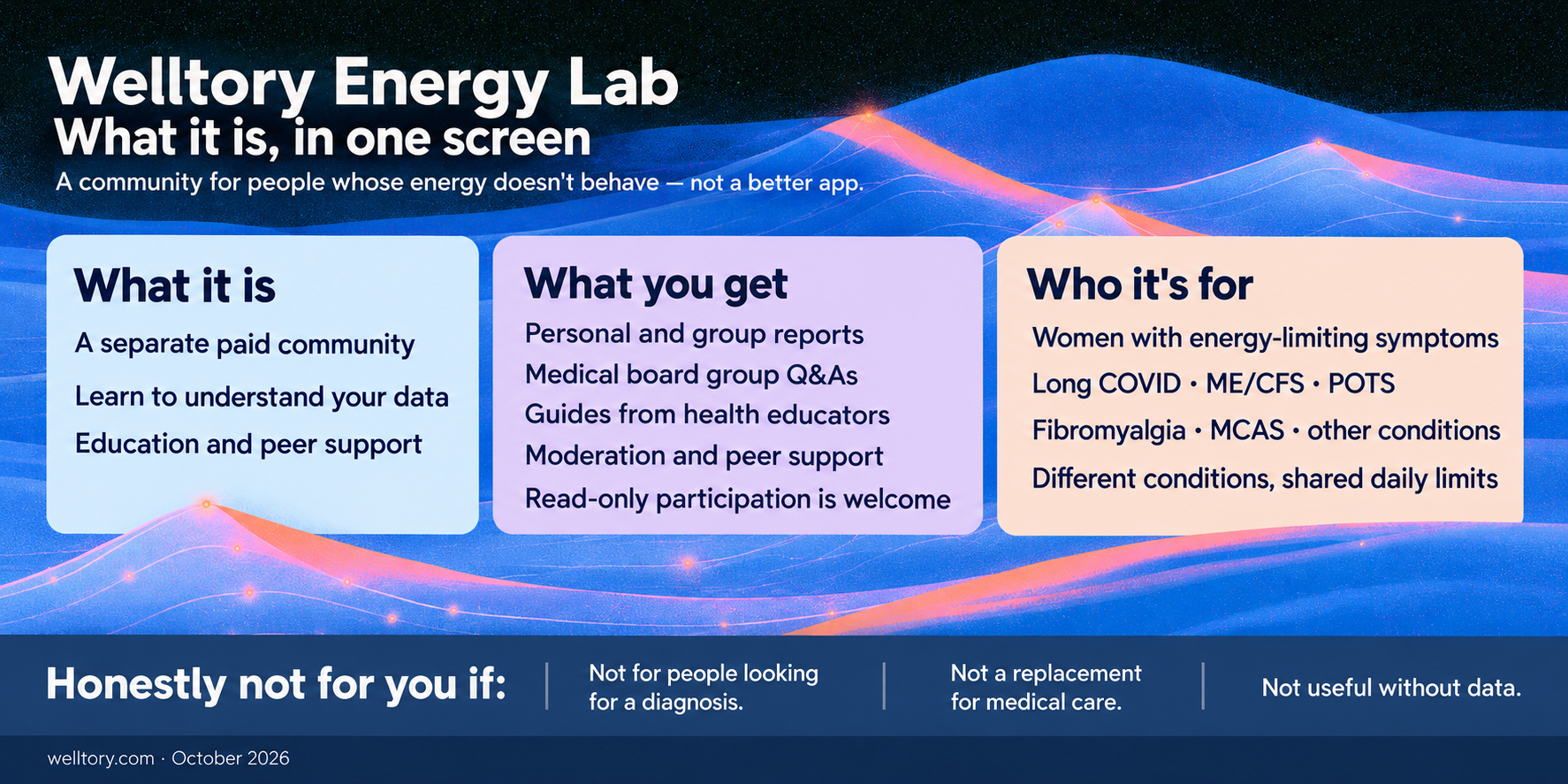 Three-panel summary of Welltory Energy Lab on a dark blue wave background. What it is: a separate paid community, learning to understand your own data, education and peer support. What you get: personal and group reports, medical board group Q&As, guides from health educators, moderation and peer support, and read-only participation is welcome. Who it's for: women with energy-limiting symptoms, Long COVID, ME/CFS, POTS, fibromyalgia, MCAS and other conditions, different conditions with shared daily limits. A bar across the bottom reads 'Honestly not for you if' — not for people looking for a diagnosis, not a replacement for medical care, and not useful without data. Welltory.com, October 2026.
