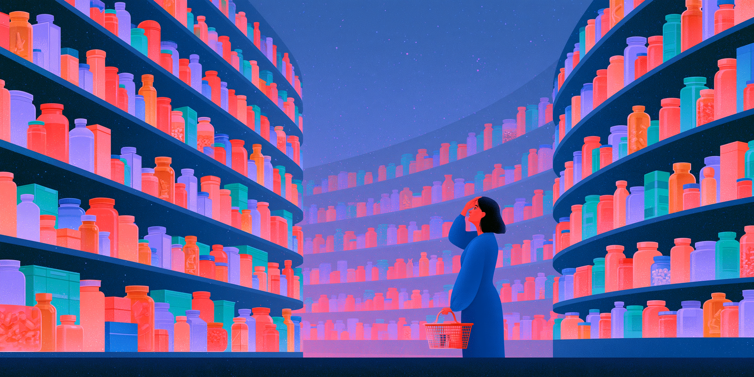 A woman with a shopping basket stands between tall glowing shelves of supplement bottles, looking up at them under a deep blue night sky.